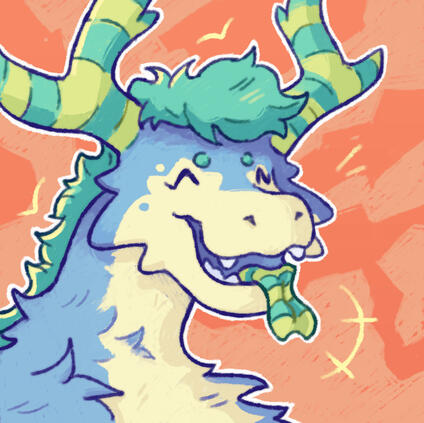 illustration of a smiling blue dragon portrait with yellow star-shaped spots on her face, she has mohawk green hair and large horns that have a green and blue striped pattern