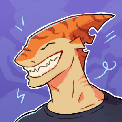 illustration of a smiling humanized orange shark wearing a black t-shirt and a purple background with scribbled smokes