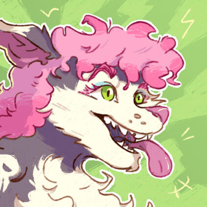 illustration of a portrait of a humanized wolf smiling with her tongue out, she has pink hair with reddish tips