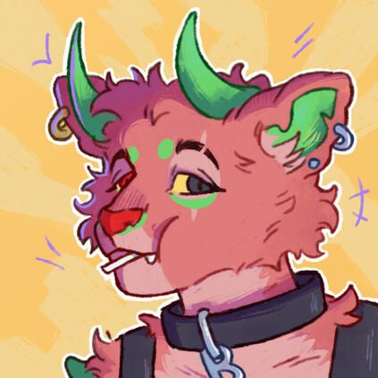 illustration of a portrait of a lioness with red color and green horns that come out of the top of her head, she is calm with her lollipop